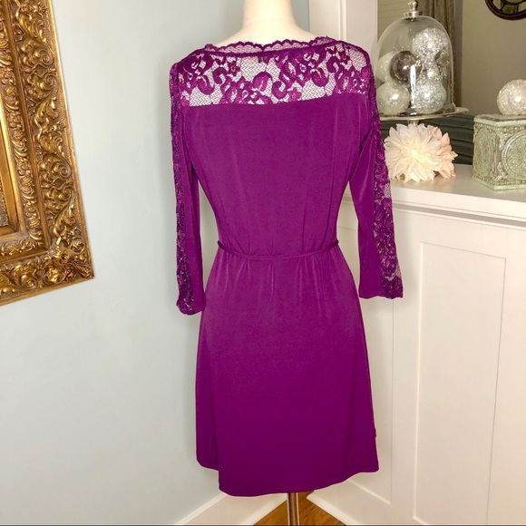 Ivanka Trump Lace Illusion Fit and Flare Dress Tie Waist Purple 4 Small - Picture 5 of 9